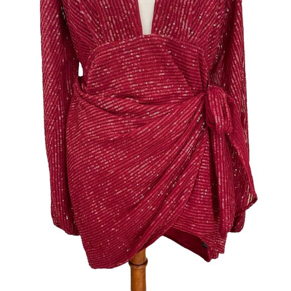 Asos Design Red Sequin Deep Plunge Drape Detail Skirt Mini Dress Women’s Size 8 - Picture 4 of 12